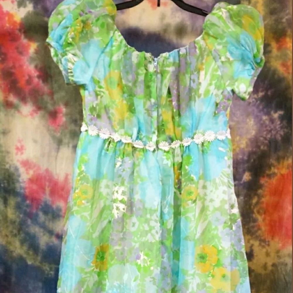 Vintage 1960s Hippie Woodstock Daisy Empire Maxi Dress - Picture 11 of 16